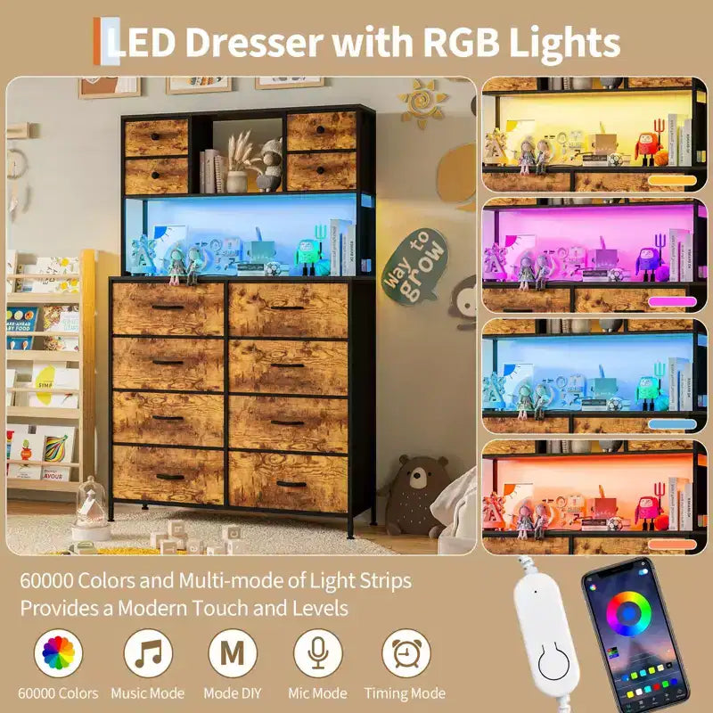 Cassettiera a 12 cassetti in tessuto nero/marrone/grigio/bianco con luce a LED e presa di corrente, ripiani aperti, per 1 persona