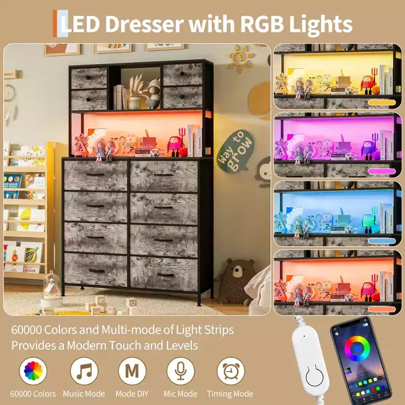 Cassettiera a 12 cassetti in tessuto nero/marrone/grigio/bianco con luce a LED e presa di corrente, ripiani aperti, per 1 persona