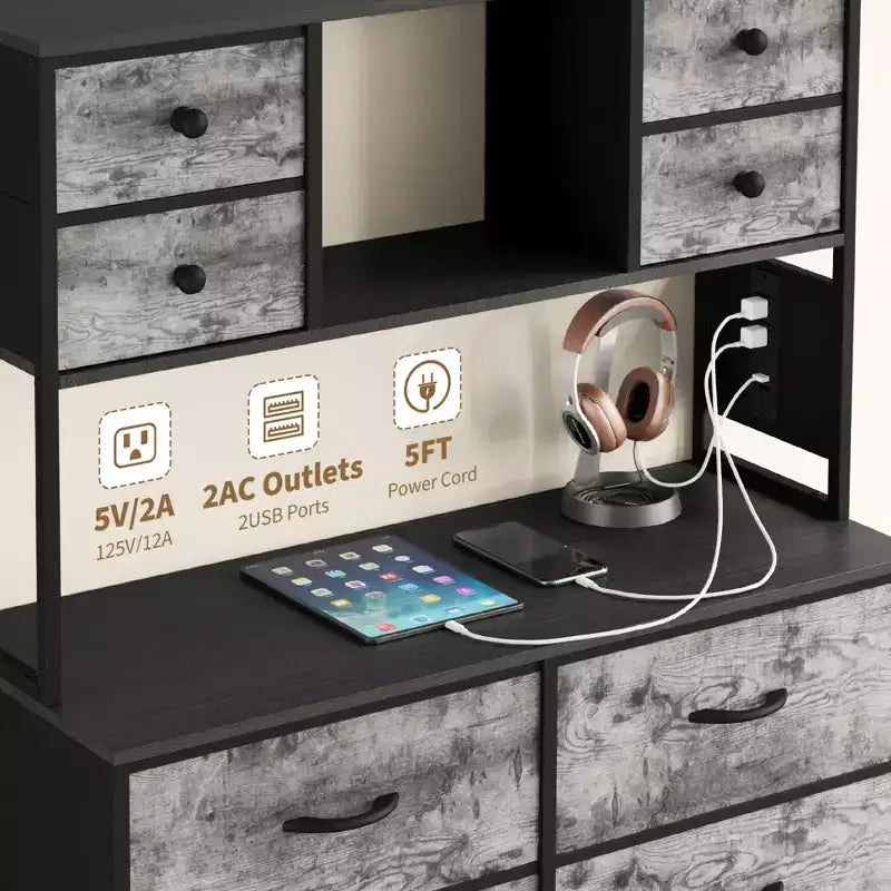 Cassettiera a 12 cassetti in tessuto nero/marrone/grigio/bianco con luce a LED e presa di corrente, ripiani aperti, per 1 persona
