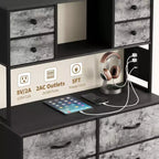 Cassettiera a 12 cassetti in tessuto nero/marrone/grigio/bianco con luce a LED e presa di corrente, ripiani aperti, per 1 persona