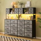 Cassettiera a 12 cassetti in tessuto nero/marrone/grigio/bianco con luce a LED e presa di corrente, ripiani aperti, per 1 persona