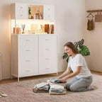 Cassettiera a 12 cassetti in tessuto nero/marrone/grigio/bianco con luce a LED e presa di corrente, ripiani aperti, per 1 persona