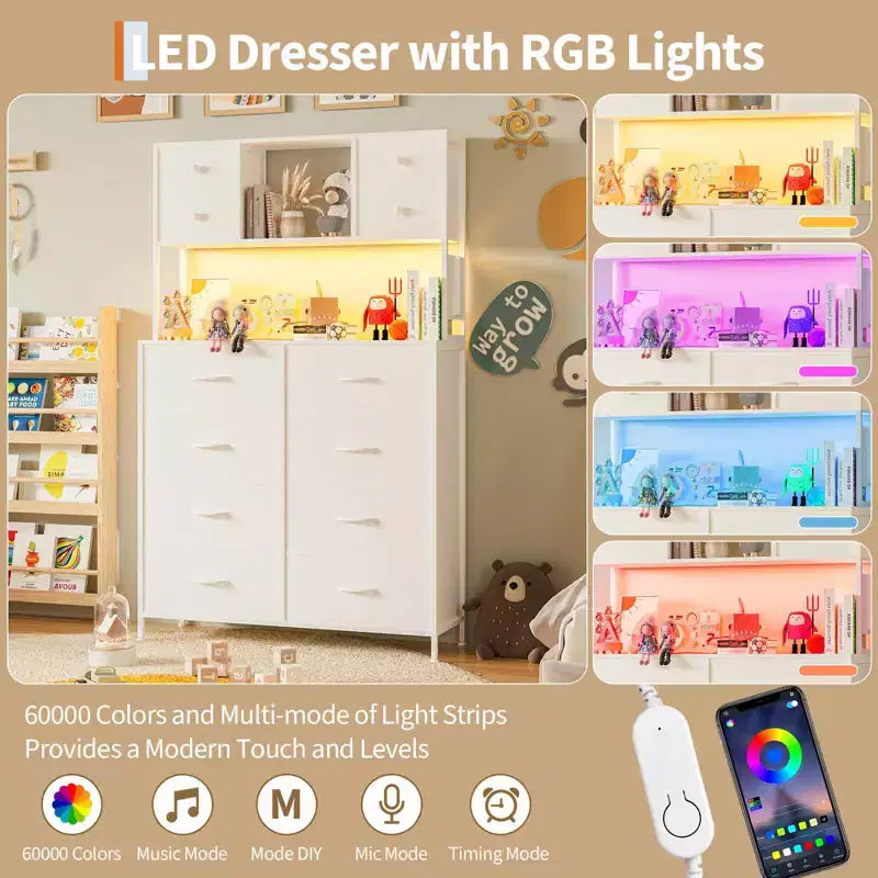 Cassettiera a 12 cassetti in tessuto nero/marrone/grigio/bianco con luce a LED e presa di corrente, ripiani aperti, per 1 persona