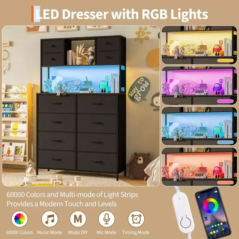 Cassettiera a 12 cassetti in tessuto nero/marrone/grigio/bianco con luce a LED e presa di corrente, ripiani aperti, per 1 persona