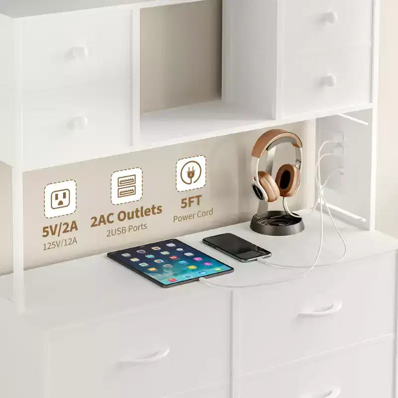 Cassettiera a 12 cassetti in tessuto nero/marrone/grigio/bianco con luce a LED e presa di corrente, ripiani aperti, per 1 persona