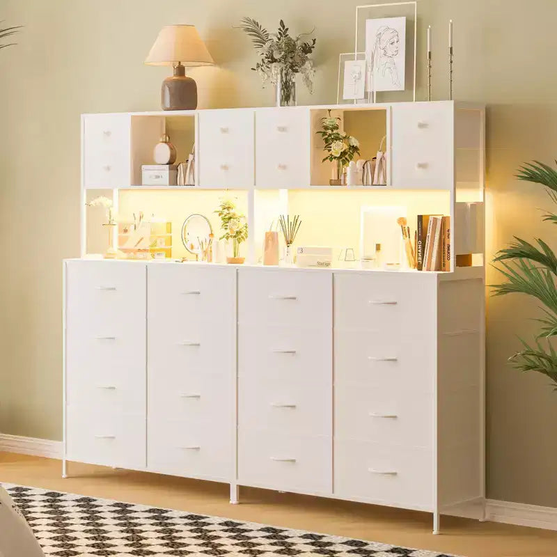 Cassettiera a 12 cassetti in tessuto nero/marrone/grigio/bianco con luce a LED e presa di corrente, ripiani aperti, per 1 persona