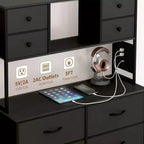 Cassettiera a 12 cassetti in tessuto nero/marrone/grigio/bianco con luce a LED e presa di corrente, ripiani aperti, per 1 persona