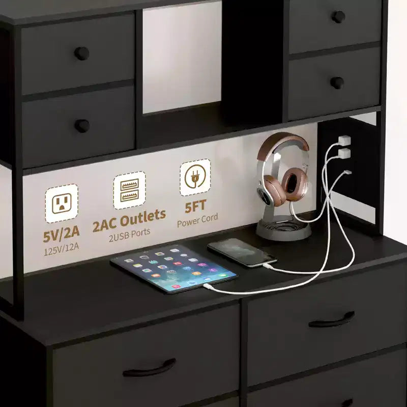 Cassettiera a 12 cassetti in tessuto nero/marrone/grigio/bianco con luce a LED e presa di corrente, ripiani aperti, per 1 persona