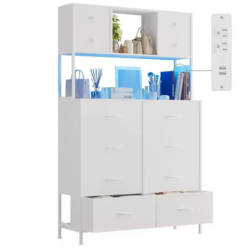 Cassettiera a 12 cassetti in tessuto nero/marrone/grigio/bianco con luce a LED e presa di corrente, ripiani aperti, per 1 persona