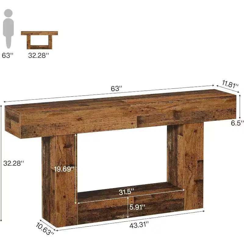 Tavolo Consolle Rustico Mix Brown, Base a U a 2 Livelli, 1 Pezzo