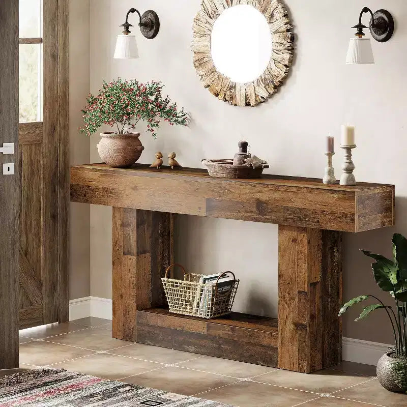 Tavolo Consolle Rustico Mix Brown, Base a U a 2 Livelli, 1 Pezzo