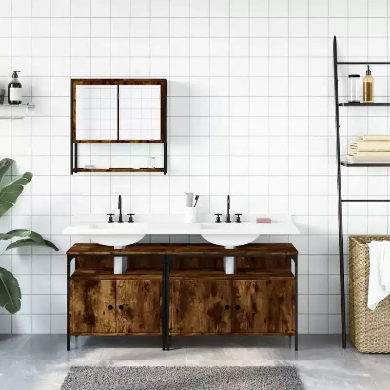 Mobile bagno sospeso 3 pezzi in rovere nero/fumé, per un utente