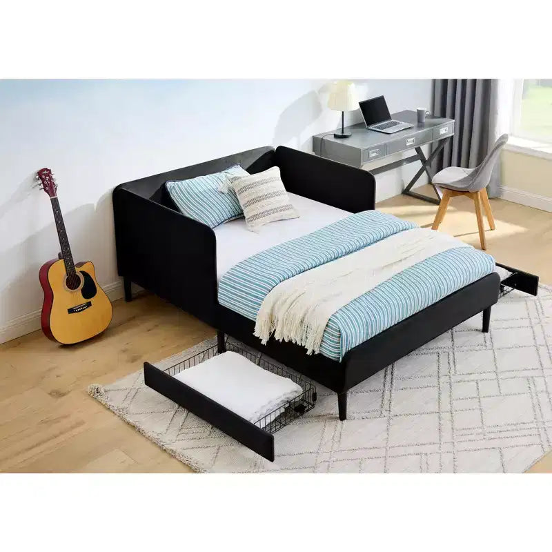Divano-Letto in Velluto Beige/Nero con 2 Cassetti Sotto Letto, Singolo/Matrimoniale, 1–2 Persone