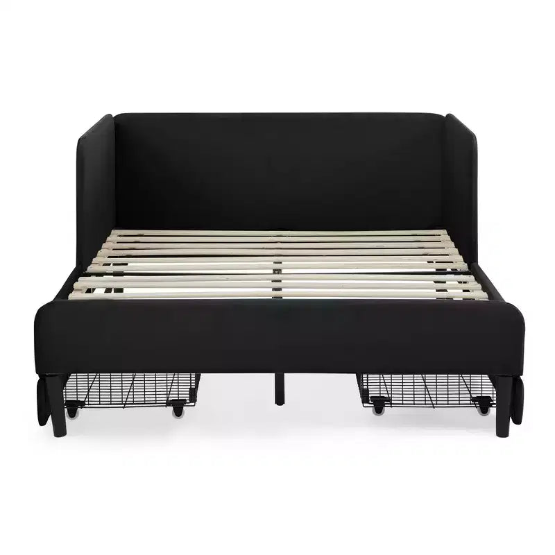 Divano-Letto in Velluto Beige/Nero con 2 Cassetti Sotto Letto, Singolo/Matrimoniale, 1–2 Persone