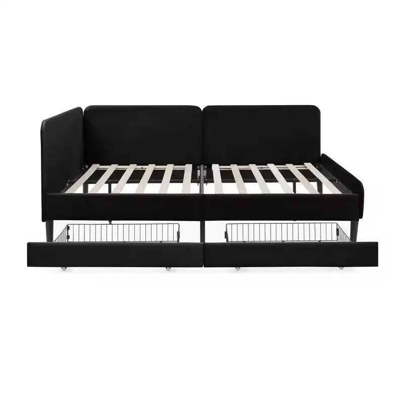 Divano-Letto in Velluto Beige/Nero con 2 Cassetti Sotto Letto, Singolo/Matrimoniale, 1–2 Persone