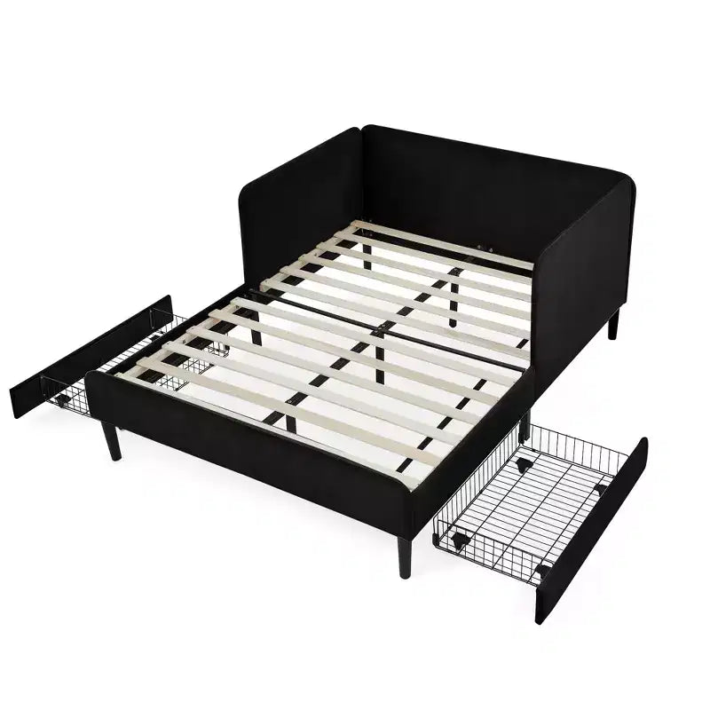 Divano-Letto in Velluto Beige/Nero con 2 Cassetti Sotto Letto, Singolo/Matrimoniale, 1–2 Persone