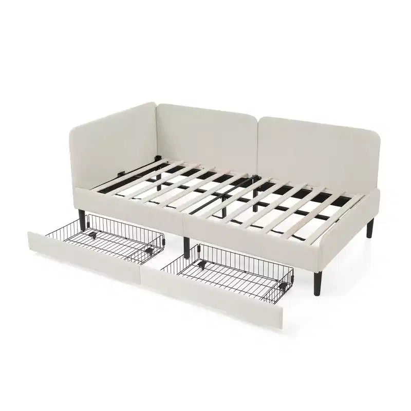 Divano-Letto in Velluto Beige/Nero con 2 Cassetti Sotto Letto, Singolo/Matrimoniale, 1–2 Persone