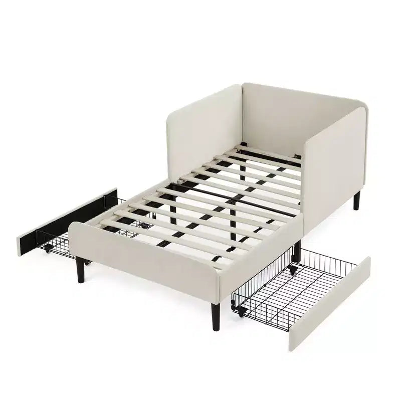 Divano-Letto in Velluto Beige/Nero con 2 Cassetti Sotto Letto, Singolo/Matrimoniale, 1–2 Persone