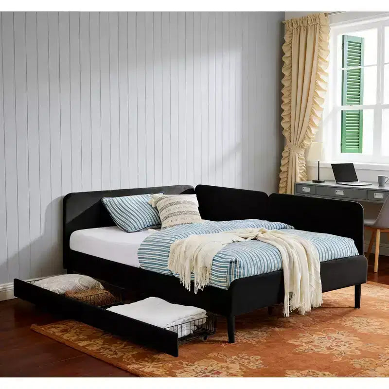Divano-Letto in Velluto Beige/Nero con 2 Cassetti Sotto Letto, Singolo/Matrimoniale, 1–2 Persone