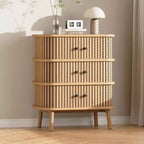 3-Drawer Mid Century Dresser, Wood Chest with Wicker Fronts & Black Handles for Bedroom, Oak