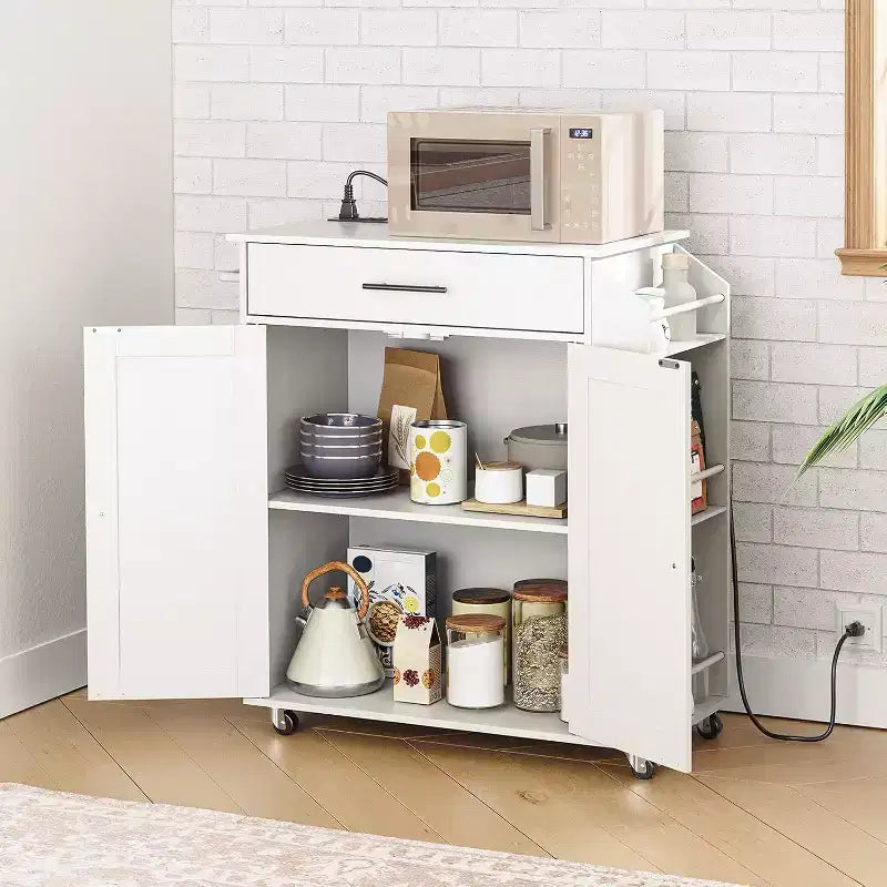 Isola Cucina Mobile Bianca con Presa Elettrica e Porta Spezie, Cassetto, Ruote Bloccabili, Montaggio per 1 Persona