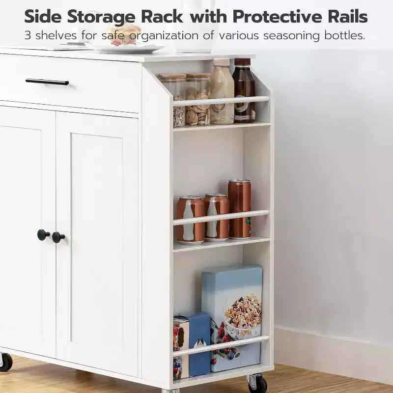 Isola Cucina Mobile Bianca con Presa Elettrica e Porta Spezie, Cassetto, Ruote Bloccabili, Montaggio per 1 Persona