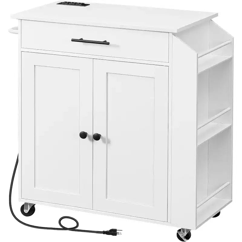 Isola Cucina Mobile Bianca con Presa Elettrica e Porta Spezie, Cassetto, Ruote Bloccabili, Montaggio per 1 Persona