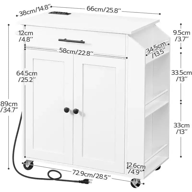 Isola Cucina Mobile Bianca con Presa Elettrica e Porta Spezie, Cassetto, Ruote Bloccabili, Montaggio per 1 Persona