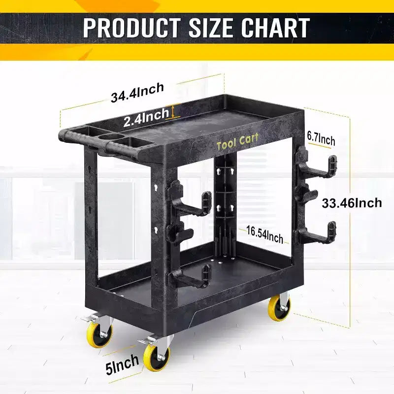 Carrello multiuso nero a 2 ripiani con ruote bloccabili, capacità 385 kg, utilizzo da 1 persona