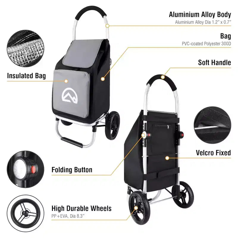 Carrello spesa multiuso pieghevole argento con ruote e borsa rimovibile, 1 persona
