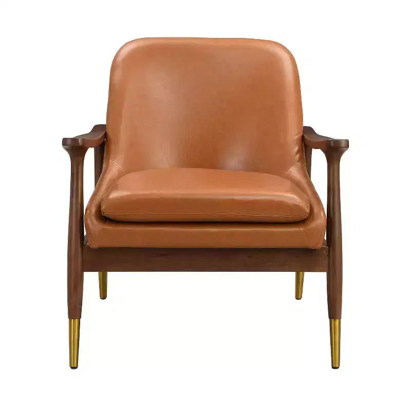 Poltrona accent senza braccioli marrone cognac, in similpelle, stile Mid-Century, posto singolo