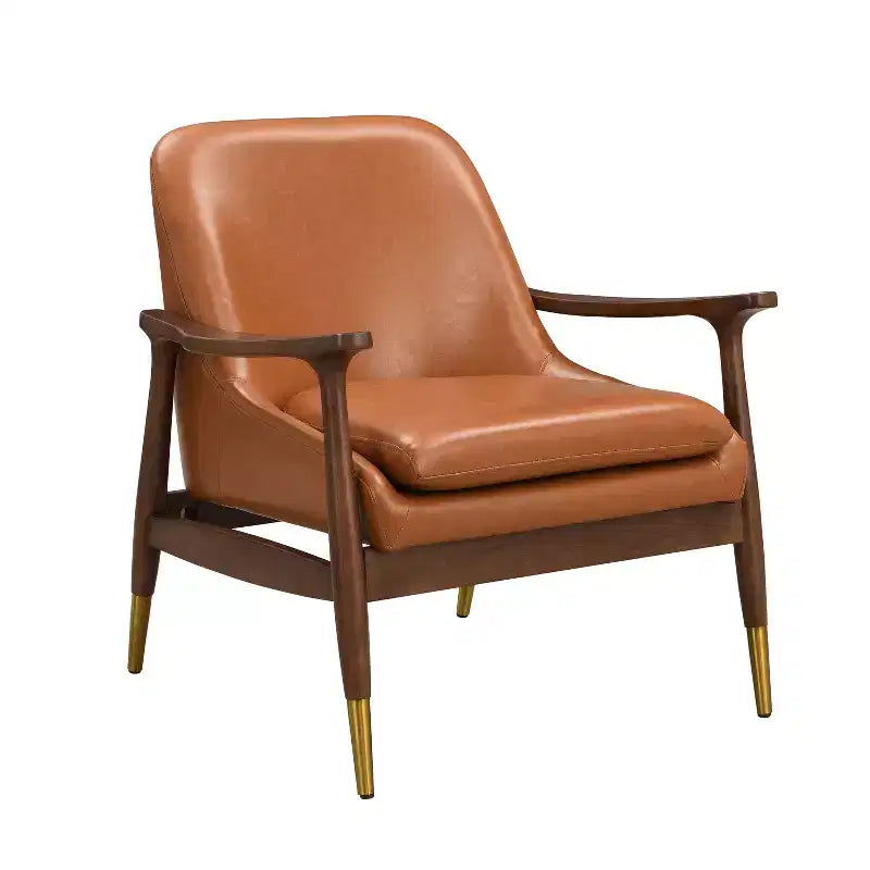 Poltrona accent senza braccioli marrone cognac, in similpelle, stile Mid-Century, posto singolo