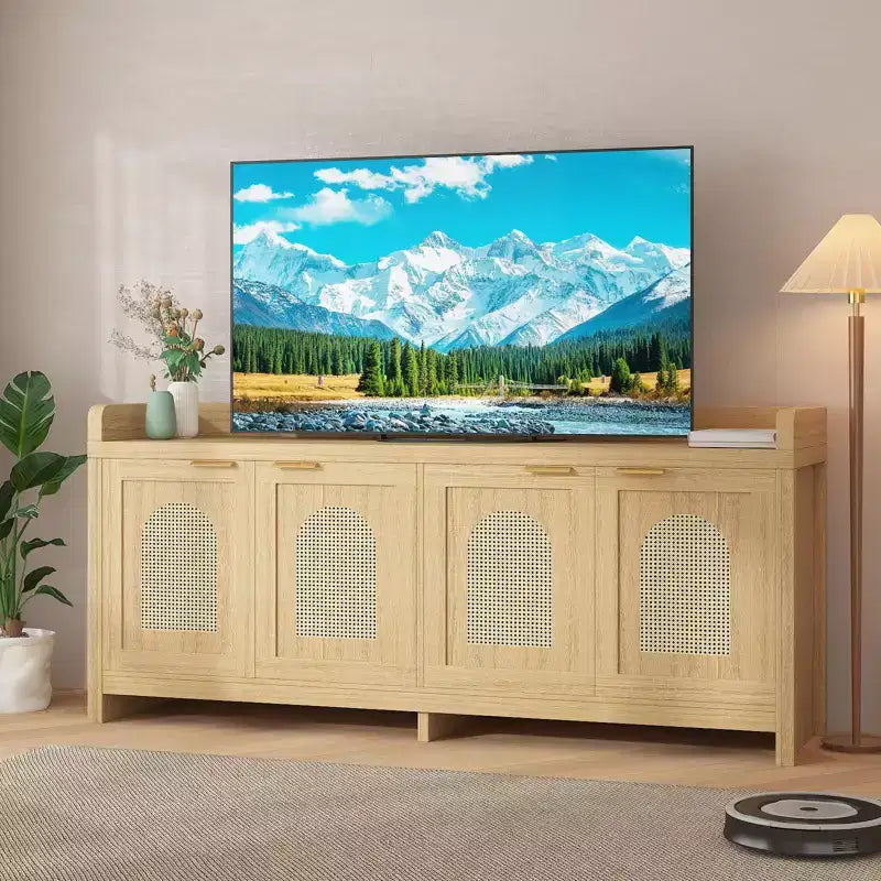 Mobile TV Mid-Century in Noce Marrone, Consolle a 4 Ante, Adatto per TV fino a 65"