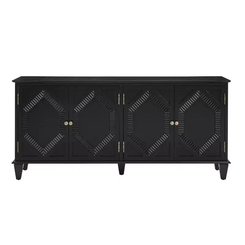 HomeRoots 66 Black Wood Carved Geometric Accent Cabinet With Four Doors