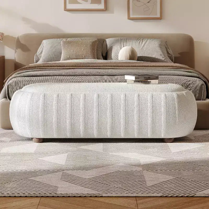 Pouf ovale bouclé monosedile, verde oliva / bianco, stile moderno