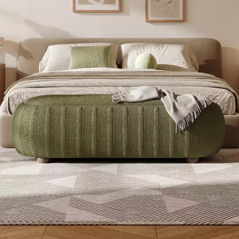Pouf ovale bouclé monosedile, verde oliva / bianco, stile moderno