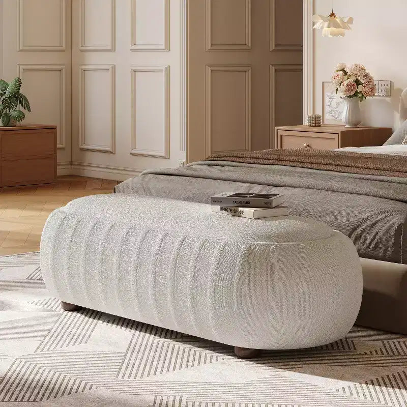 Pouf ovale bouclé monosedile, verde oliva / bianco, stile moderno