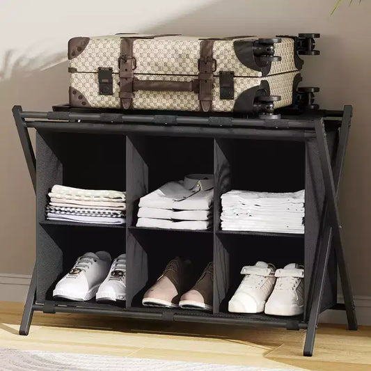 Narwey Luggage Rack for Guest Room, Folding Suitcase Stand with 6-Cube Fabric Storage Shelf, Luggage Holder, Steel Foldable Luggage Stand
