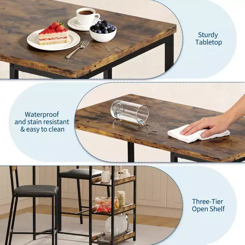Set da pranzo a 3 pezzi nero/marrone/grigio con mensole, 2 posti