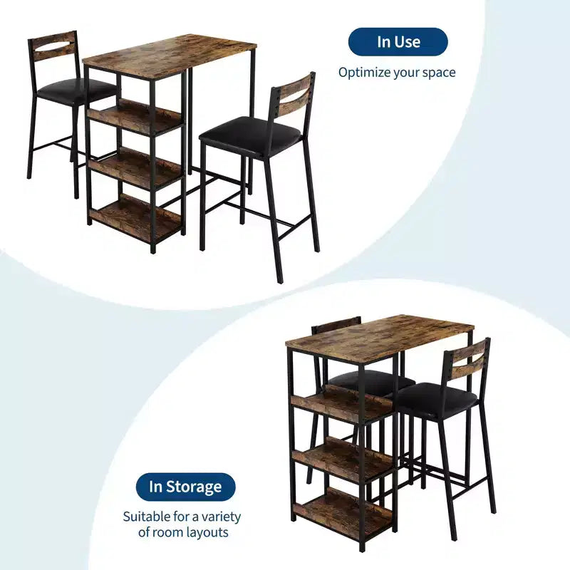 Set da pranzo a 3 pezzi nero/marrone/grigio con mensole, 2 posti