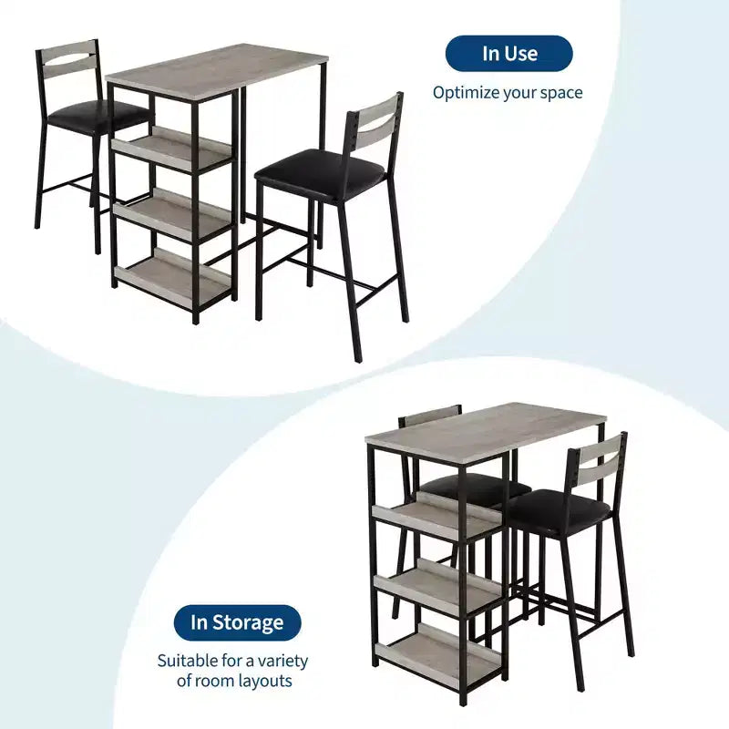 Set da pranzo a 3 pezzi nero/marrone/grigio con mensole, 2 posti