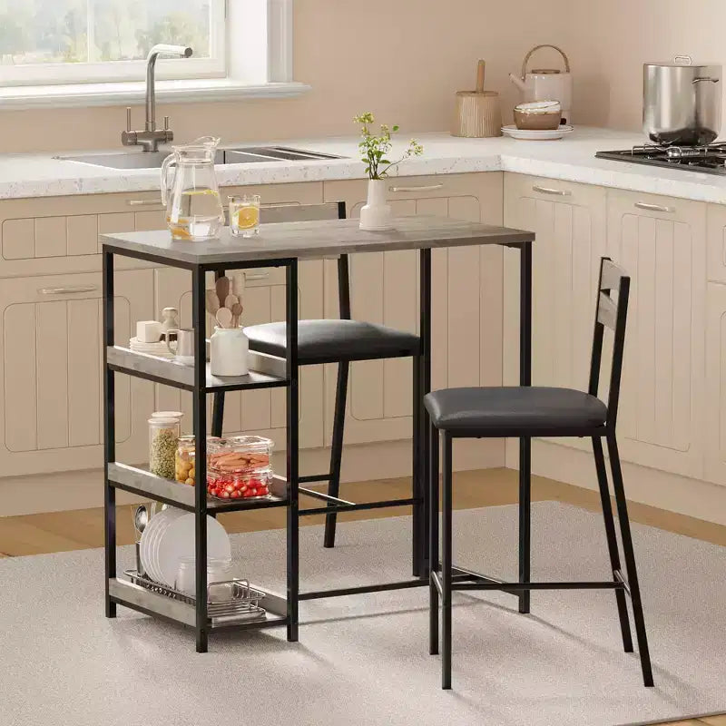 Set da pranzo a 3 pezzi nero/marrone/grigio con mensole, 2 posti