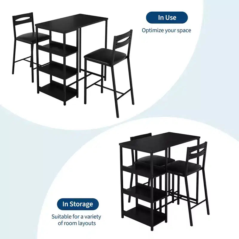 Set da pranzo a 3 pezzi nero/marrone/grigio con mensole, 2 posti