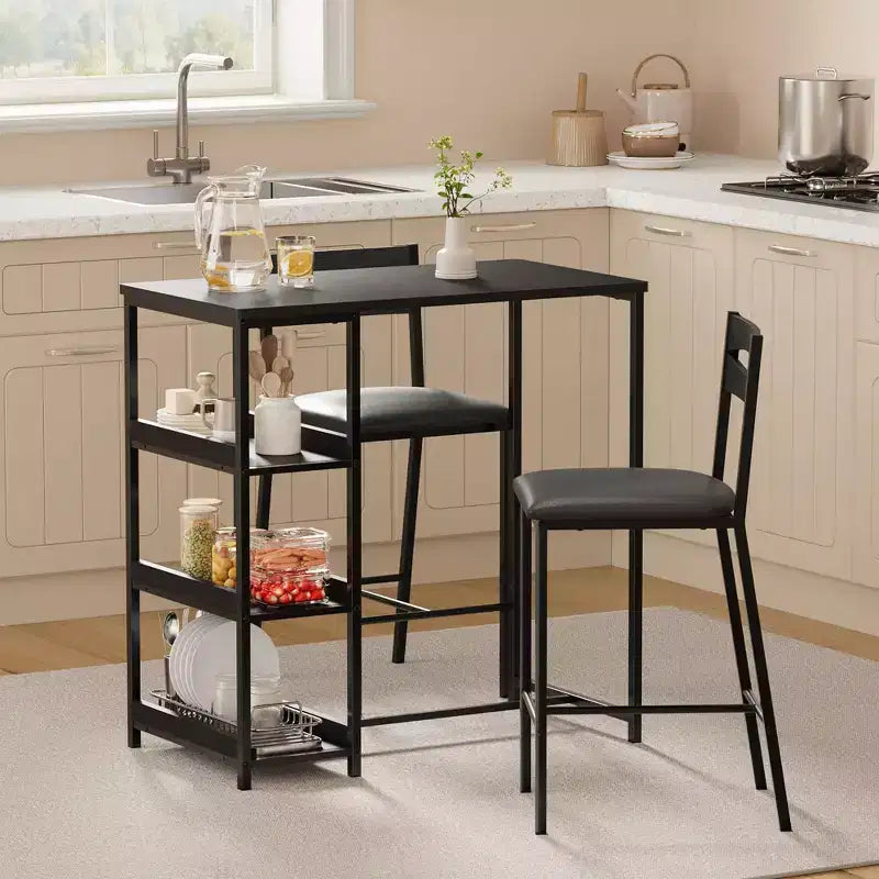 Set da pranzo a 3 pezzi nero/marrone/grigio con mensole, 2 posti