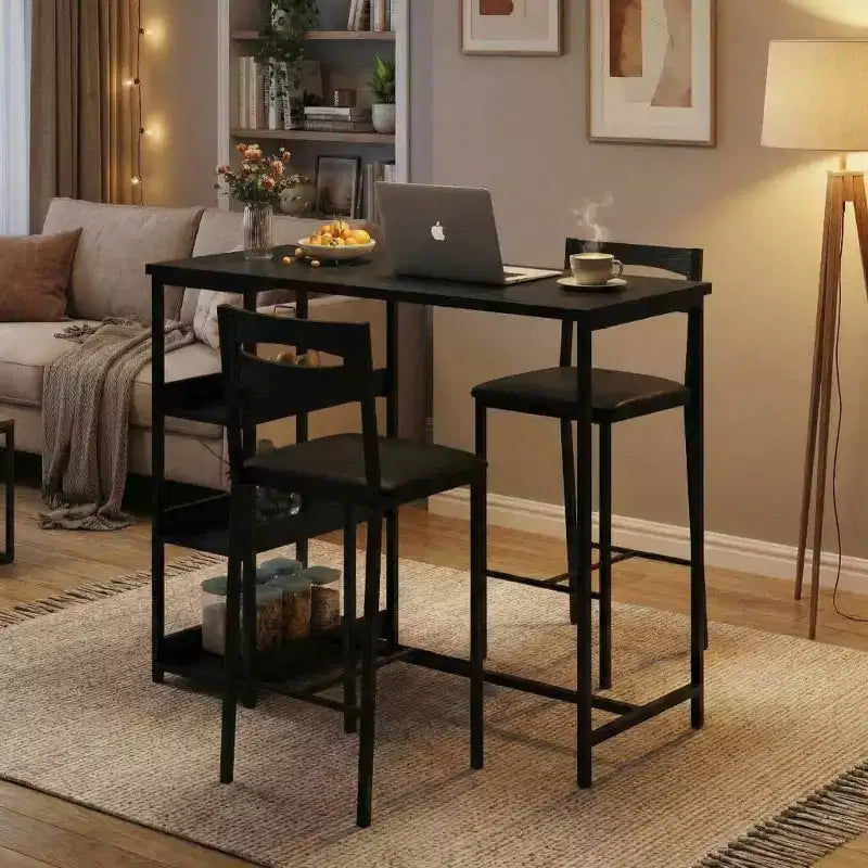 Set da pranzo a 3 pezzi nero/marrone/grigio con mensole, 2 posti