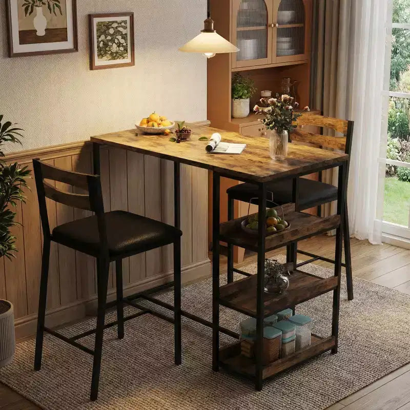 Set da pranzo a 3 pezzi nero/marrone/grigio con mensole, 2 posti