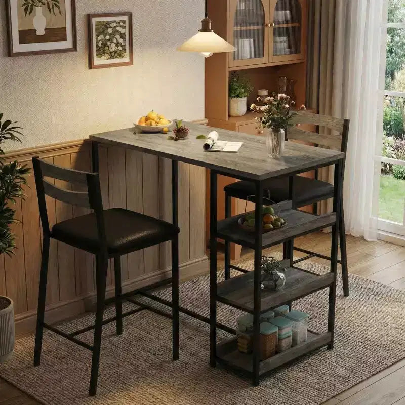 Set da pranzo a 3 pezzi nero/marrone/grigio con mensole, 2 posti