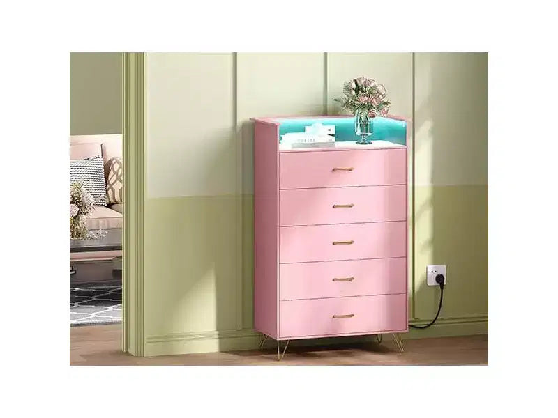 Cassettiera a 5 cassetti con luci LED e stazione di ricarica – Nero/Rosa/Bianco, per 1 persona