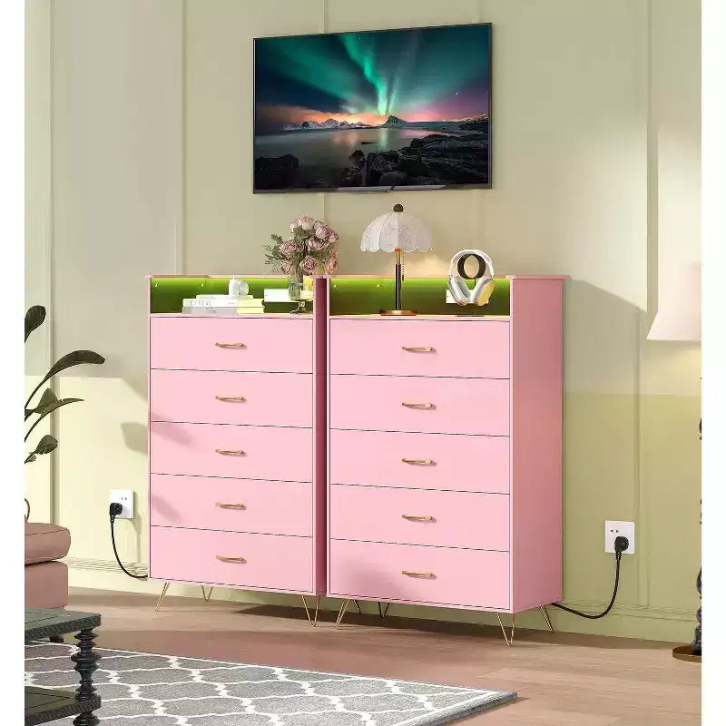 Cassettiera a 5 cassetti con luci LED e stazione di ricarica – Nero/Rosa/Bianco, per 1 persona