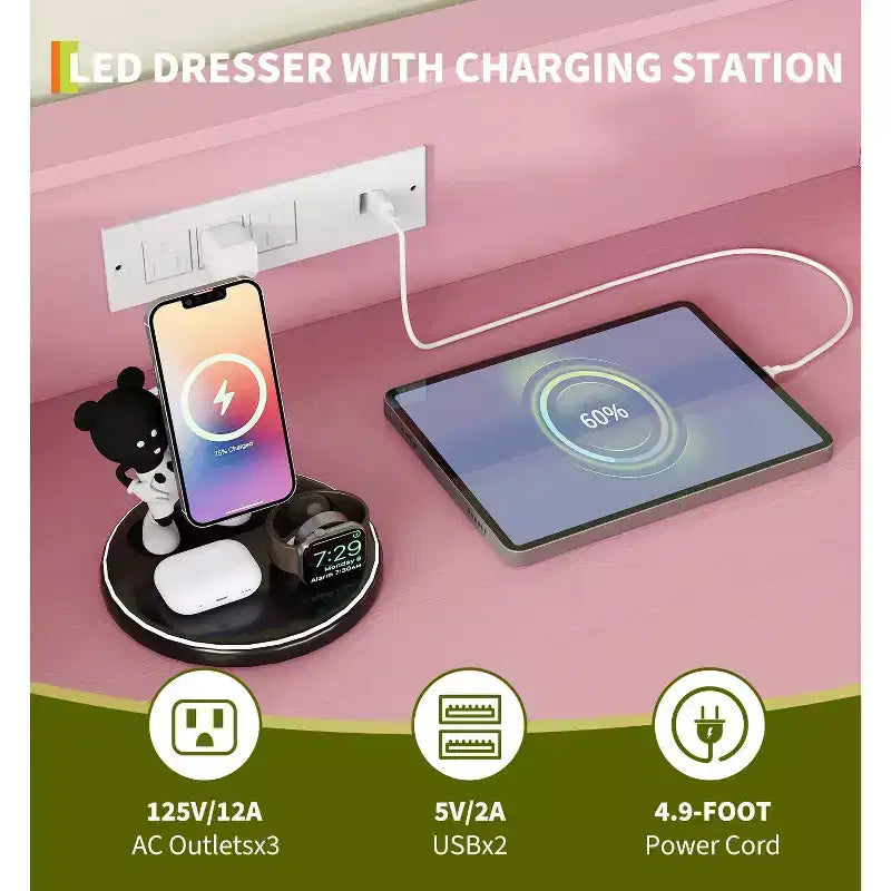 Cassettiera a 5 cassetti con luci LED e stazione di ricarica – Nero/Rosa/Bianco, per 1 persona
